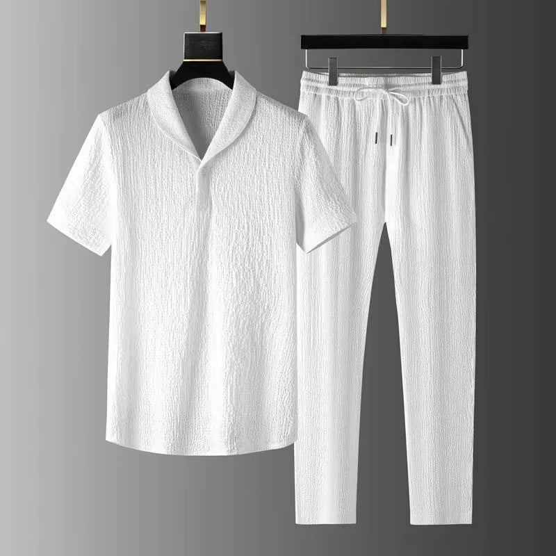 Summer Casual Thin Linen Set Men'S Sport Suit Outdoor Wear Short Sleeve Long Pants Two-Piece Set Lightweight Comfortable Fit